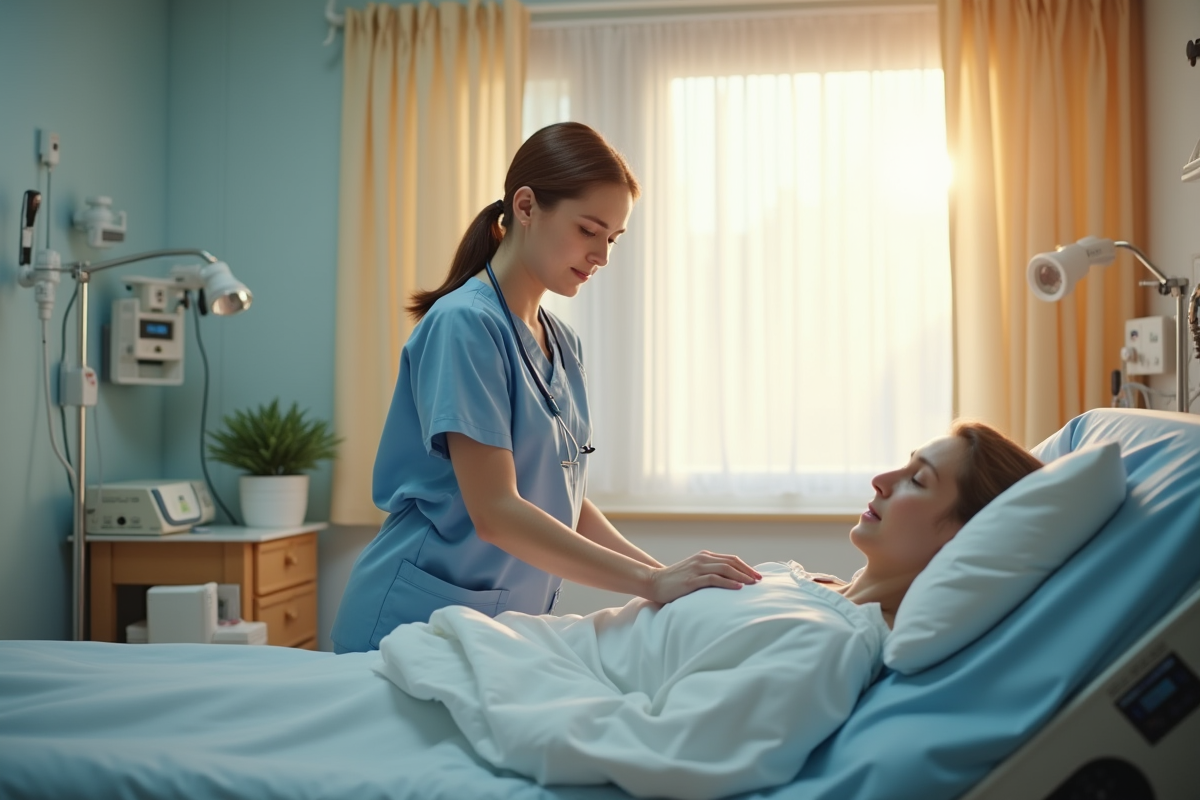 Aide soignant arrangeant des draps dans une salle lumineuse