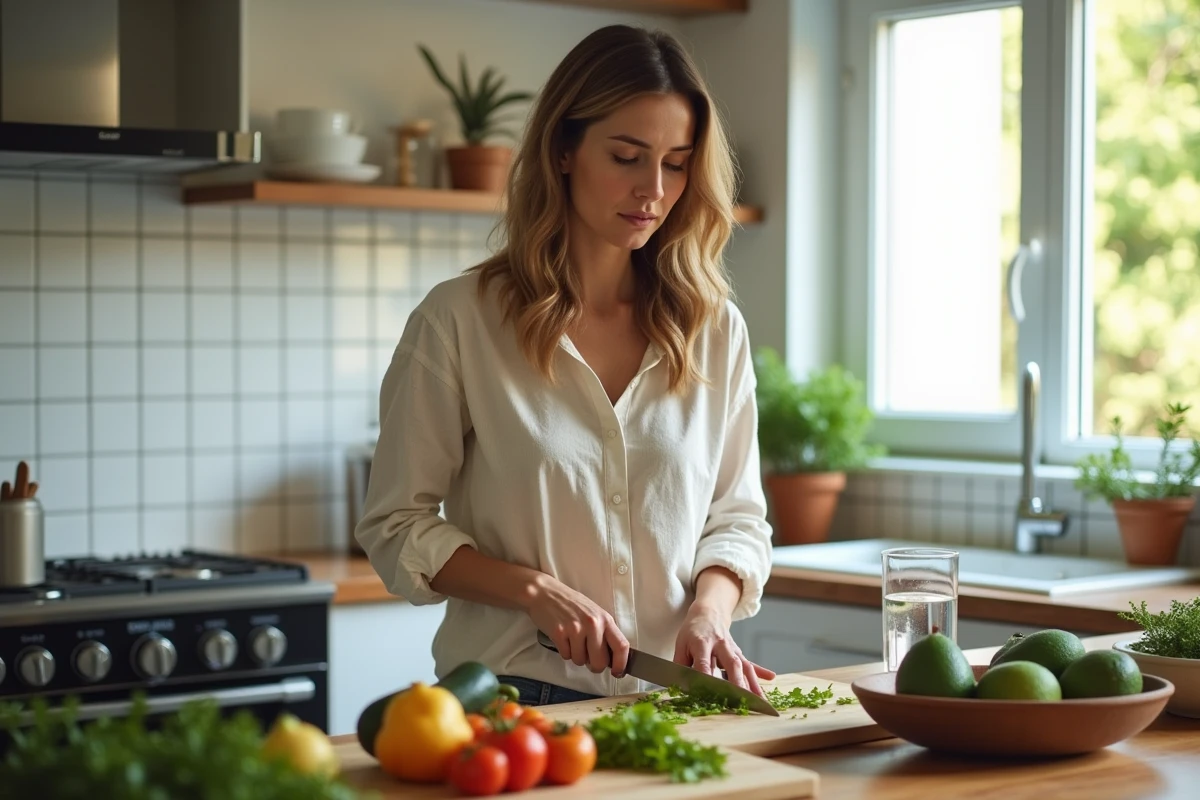Femme préparant un repas sain à base de légumes frais pour soutenir la santé du foie