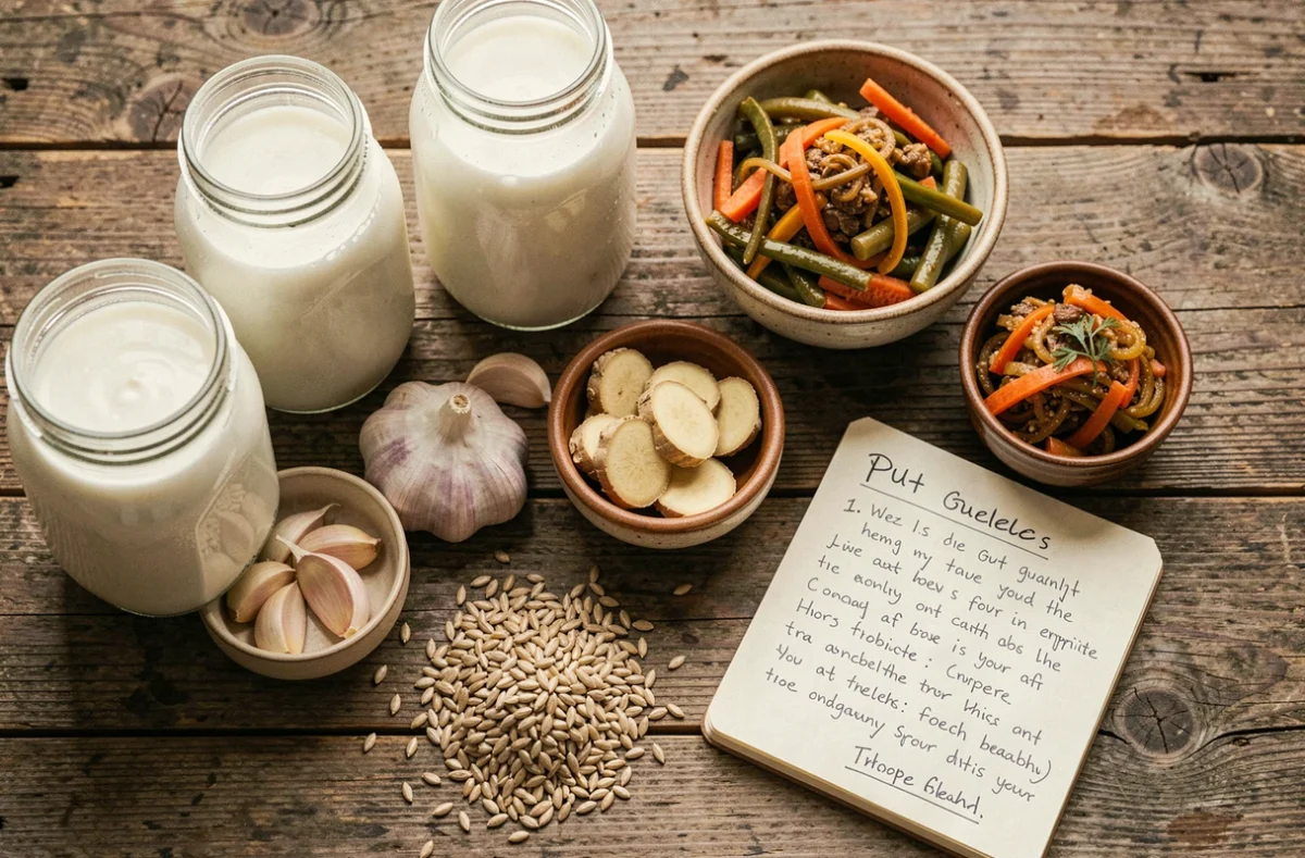 Aliments fermentés et probiotiques disposés sur une table en bois, liés à la santé du microbiote intestinal