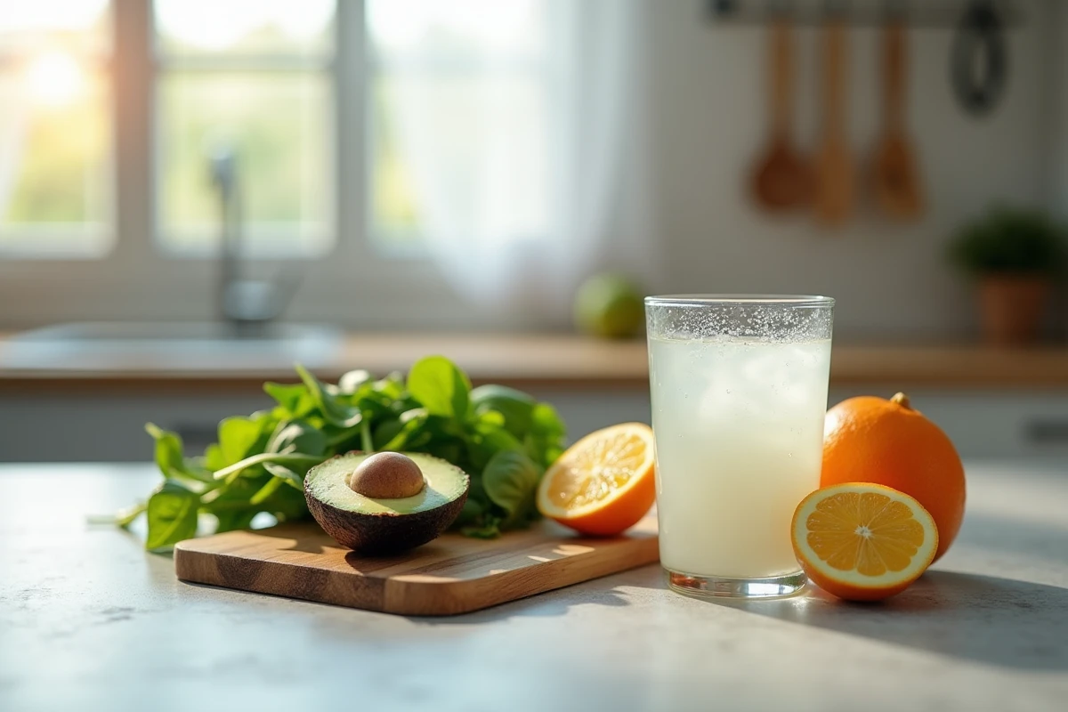 Aliments riches en potassium comme l'avocat, les épinards et l'orange disposés sur un plan de travail de cuisine