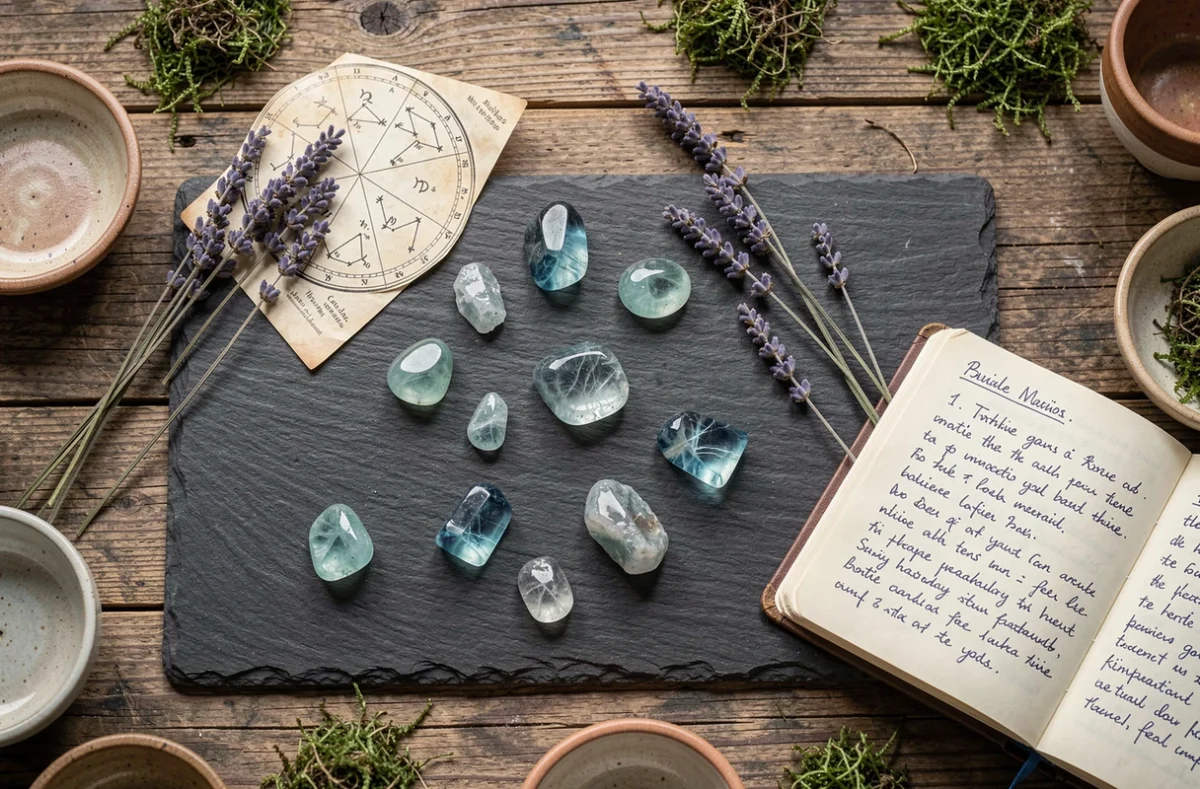 Pierres amazonites brutes et polies disposées en flat-lay avec une carte du zodiaque et des notes astrologiques sur une ardoise texturée