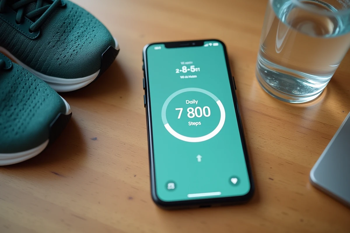 Écran de smartphone affichant un compteur de pas quotidien posé sur un bureau en bois avec des chaussures de sport