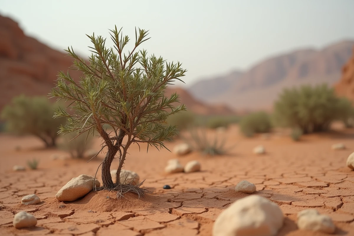 Arbuste Commiphora wightii dans un paysage aride avec des gouttelettes de résine de guggul visibles sur l'écorce incisée en milieu naturel