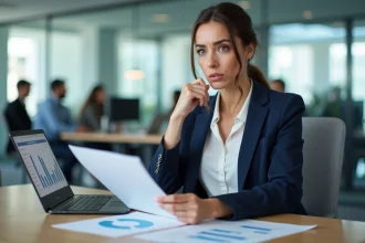 Femme professionnelle analysant des avis et comparatifs sur une mutuelle santé Ociane Matmut dans un bureau moderne