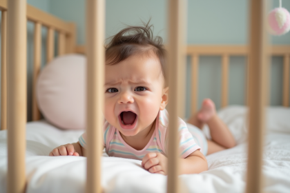 Bébé fille de six mois dans un lit de nursery pastel