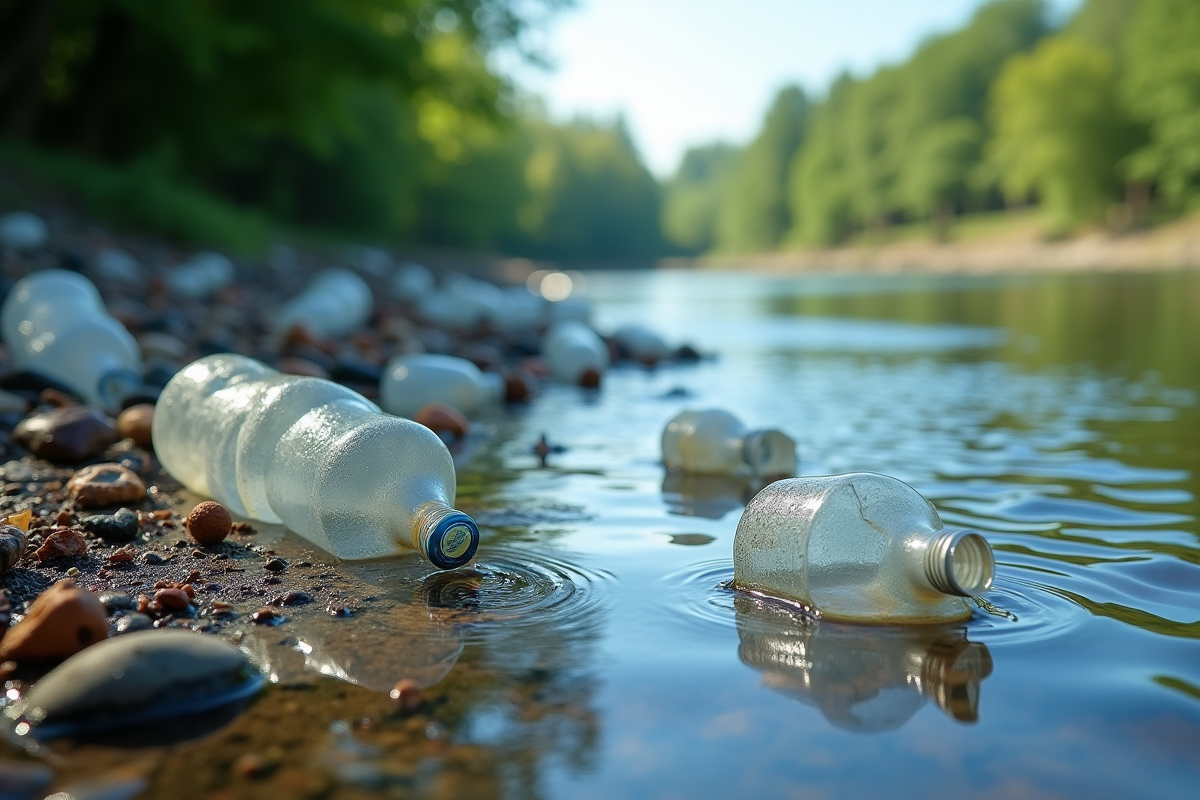 Rivière polluée avec déchets et nature verte