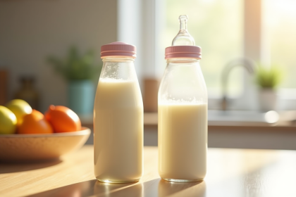 Biberon de lait pour bébé sur une table lumineuse de cuisine