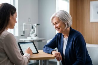 Femme senior lors d'un bilan auditif avec une audiologiste dans un cabinet médical moderne