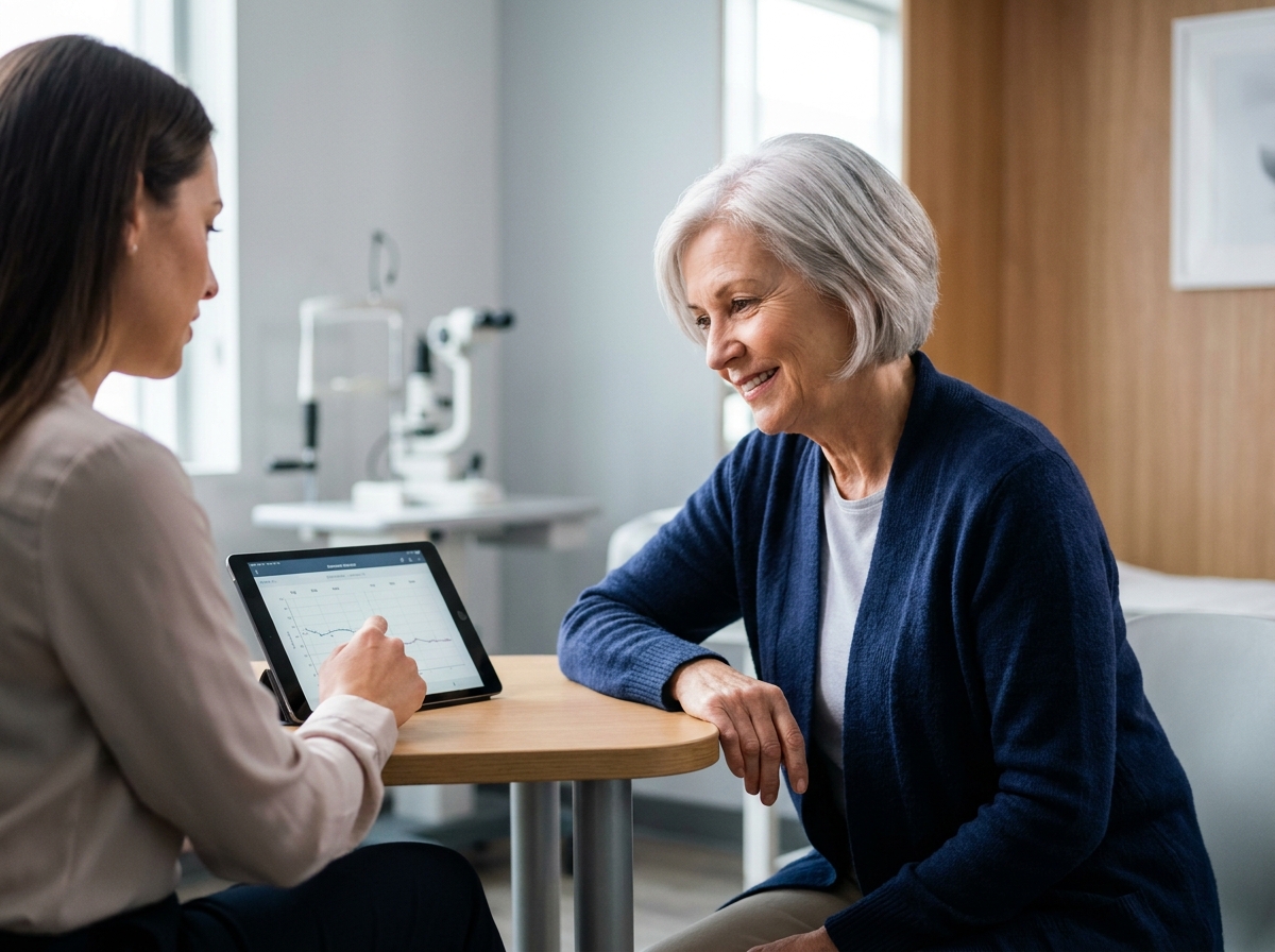 Femme senior lors d'un bilan auditif avec une audiologiste dans un cabinet médical moderne
