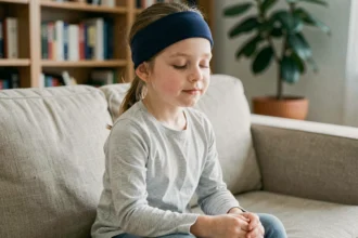 Jeune fille portant un bonnet anti-migraine gel bleu marine dans un salon calme, les yeux fermés, expression apaisée