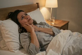 Femme adulte allongée dans son lit la nuit, la main sur la gorge, souffrant d'une brûlure au palais et incapable de dormir