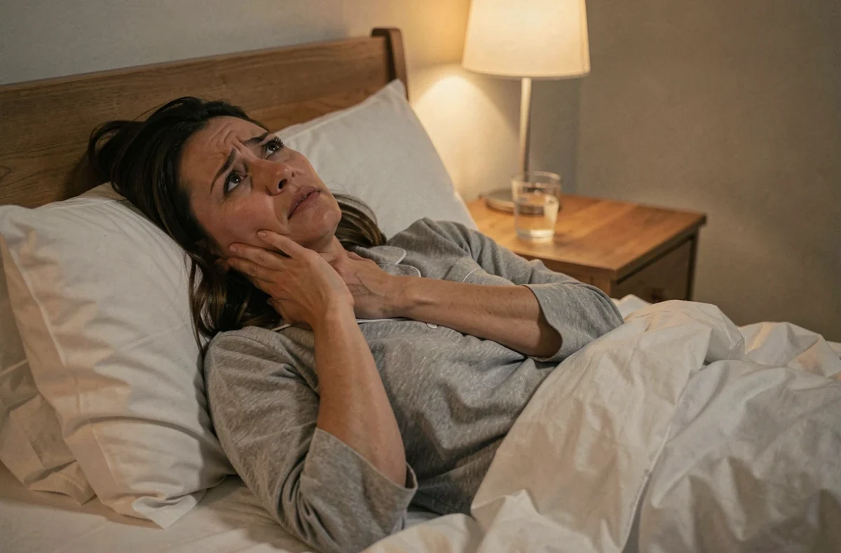 Femme adulte allongée dans son lit la nuit, la main sur la gorge, souffrant d'une brûlure au palais et incapable de dormir