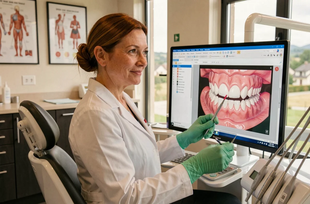 Dentiste féminine consultant un scan 3D dentaire sur grand écran dans le cabinet Ludivine Berthollet dans le Rhône