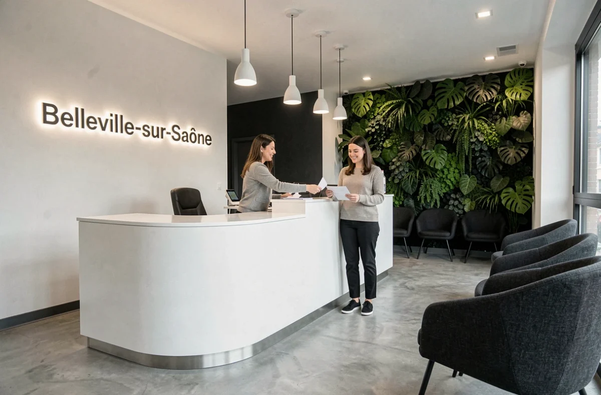 Hall d'accueil moderne et épuré du Cabinet Dentaire NEO à Belleville avec réceptionniste et espace d'attente design