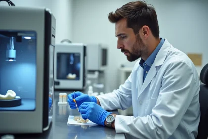 Technicien dentaire calibrant une imprimante SprintRay CapDentaire dans un laboratoire dentaire moderne