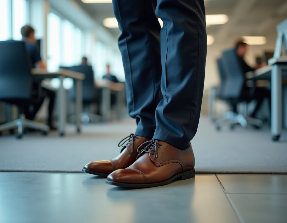 Homme en chaussures rigides au bureau, mauvaise chaussure aggravant la douleur de l'épine calcanéenne