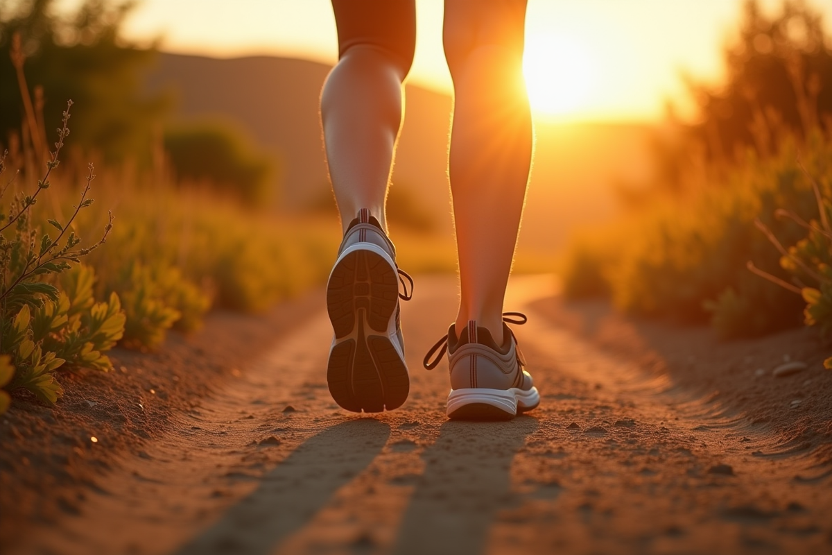 Chaussures de sport usées sur un sentier rural au coucher du soleil