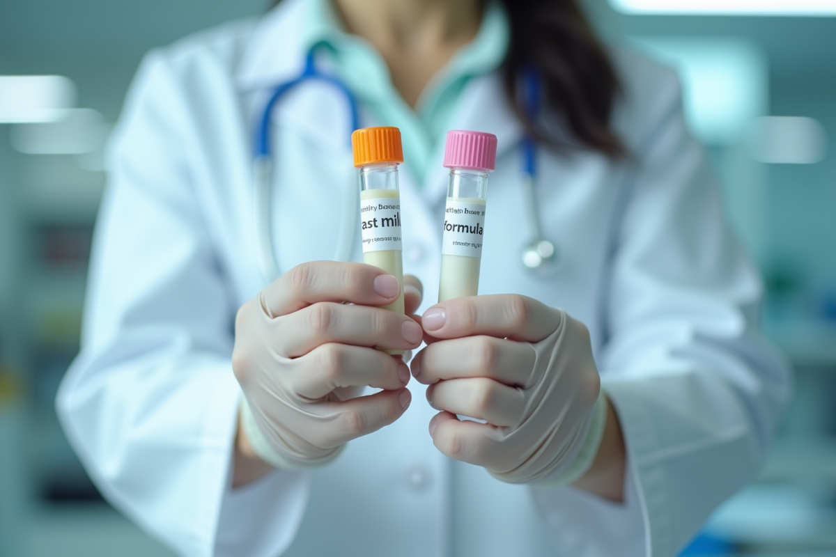 Chercheur en laboratoire tenant deux tubes à essai de lait