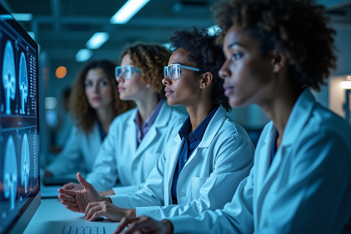 Chercheurs analysant des scans du cerveau en laboratoire