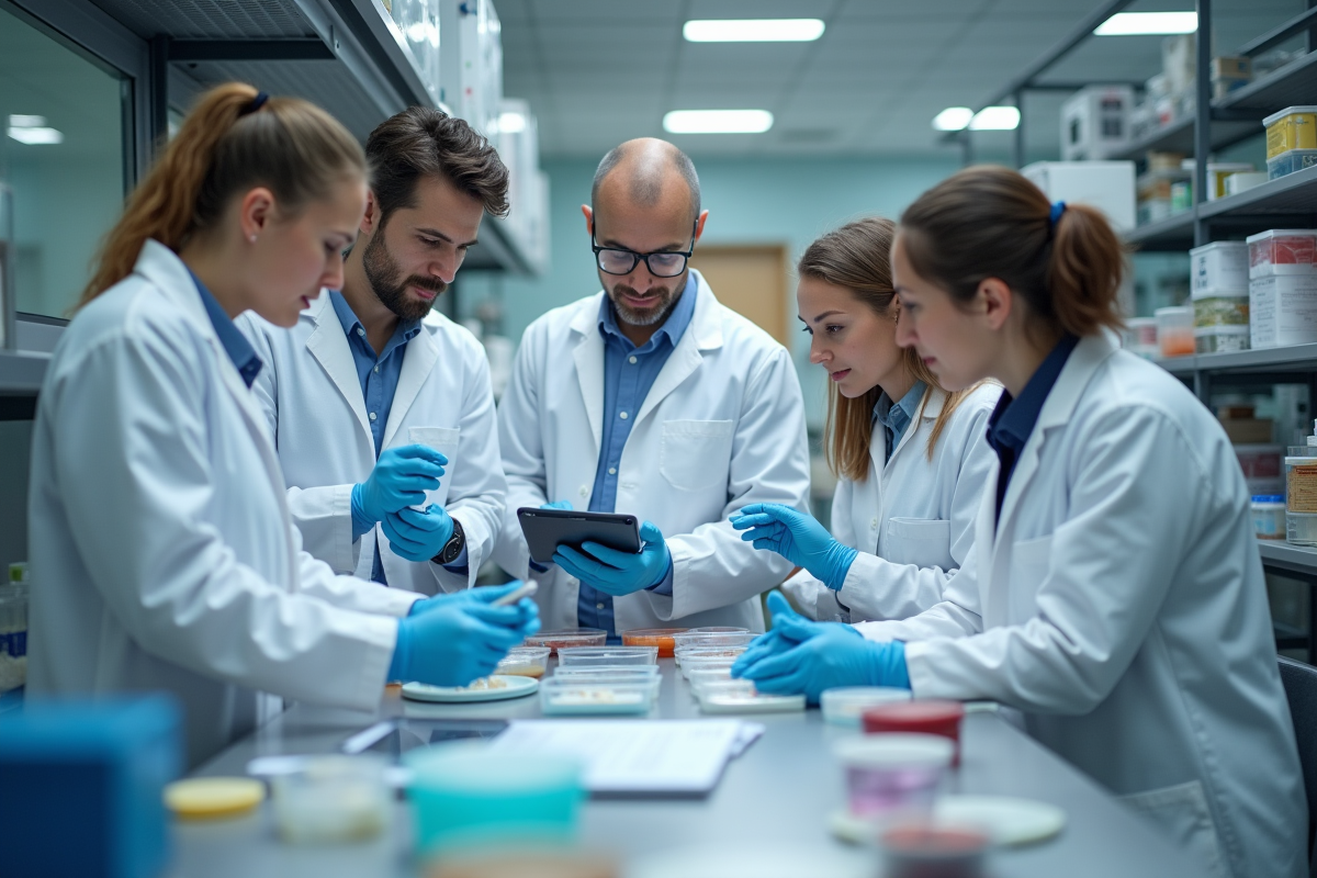 Groupe de chercheurs en laboratoire examinant des boîtes et tablettes