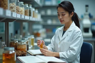 Chercheuse en laboratoire analysant un extrait de résine de guggul dans un flacon en verre entouré de spécimens botaniques et de journaux scientifiques