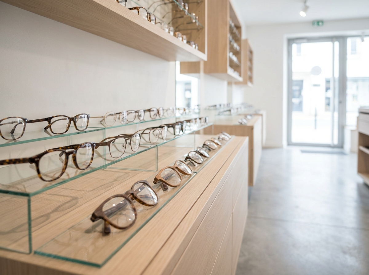 Large choix de montures de lunettes exposées dans une lunetterie contemporaine à Brest