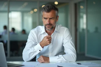 Homme en chemise blanche col ouvert à deux boutons assis à son bureau de bureau, regardant ses documents avec une expression concentrée mais distraite