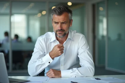 Homme en chemise blanche col ouvert à deux boutons assis à son bureau de bureau, regardant ses documents avec une expression concentrée mais distraite