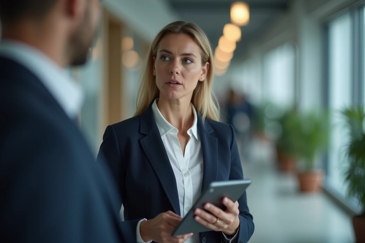 Femme en blazer marine et chemise col ouvert dans un couloir de bureau moderne, tenant une tablette et discutant avec un collègue, illustrant les distractions au travail