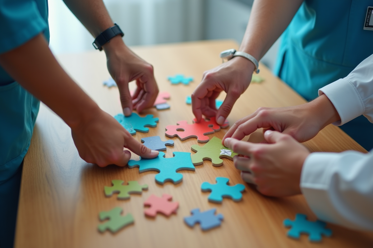 Mains de professionnels de santé assemblant un puzzle coloré
