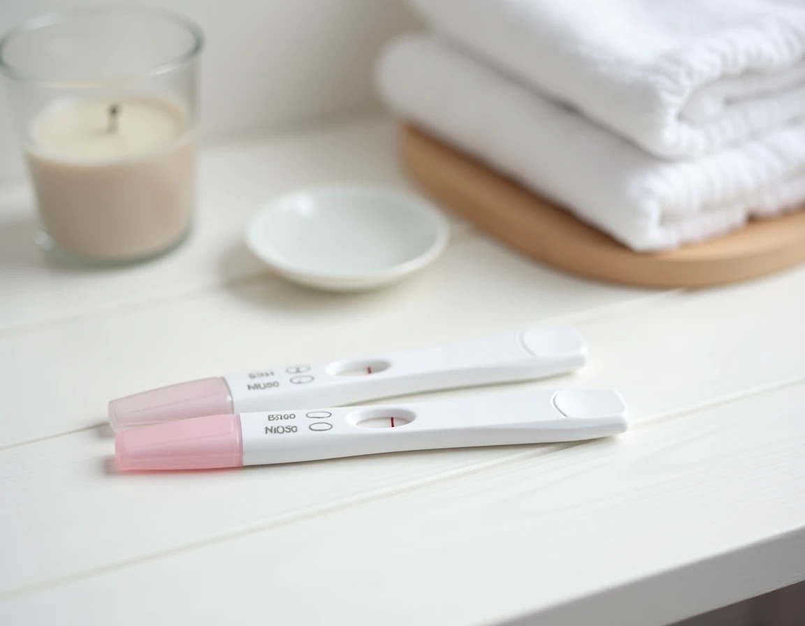 Vue de dessus de deux tests de grossesse côte à côte sur une étagère blanche, comparant une ligne d'évaporation faint et un vrai positif