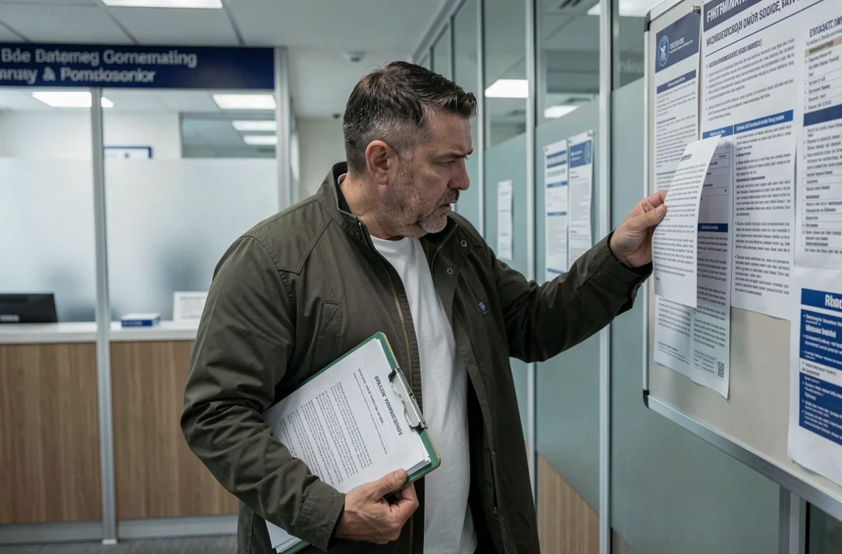 Un homme lisant attentivement un panneau d'informations dans un bureau administratif, illustrant l'erreur d'ignorer les conditions de maintien de l'allocation chômage en cas d'invalidité