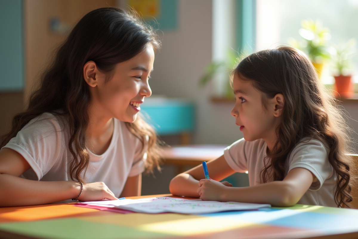 Conseiller scolaire aidant une fille dans une classe ensoleillée