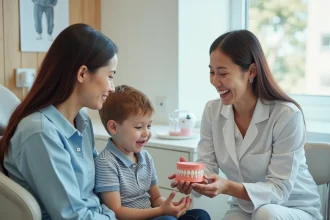 Mère et son fils en consultation dentaire avec une dentiste souriante dans une clinique moderne, illustrant les avantages du réseau de soins Groupama pour les familles