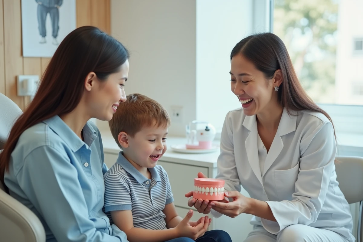 Mère et son fils en consultation dentaire avec une dentiste souriante dans une clinique moderne, illustrant les avantages du réseau de soins Groupama pour les familles