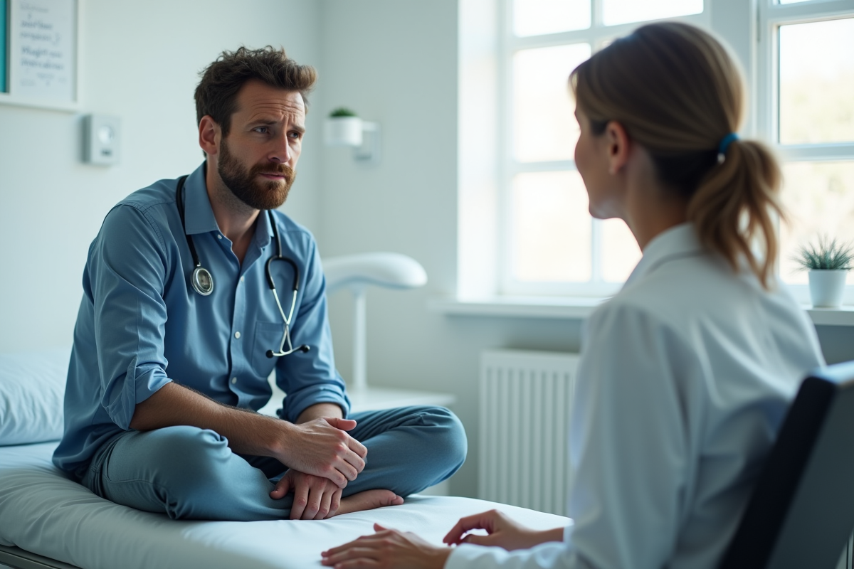 Homme inquiet en consultation médicale lumineuse