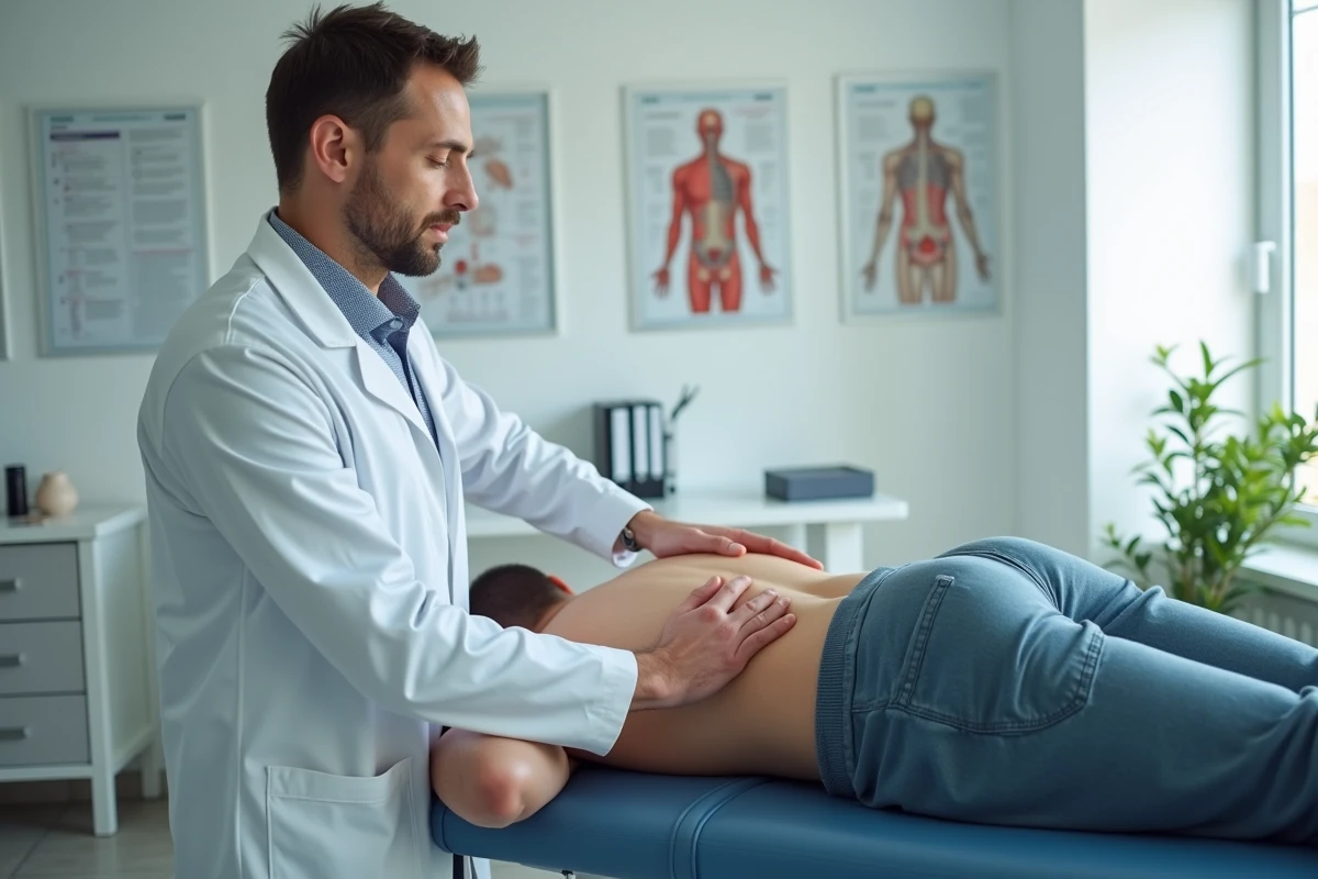 Médecin examinant la zone du haut des fesses d'un patient allongé sur une table d'examen dans un cabinet médical