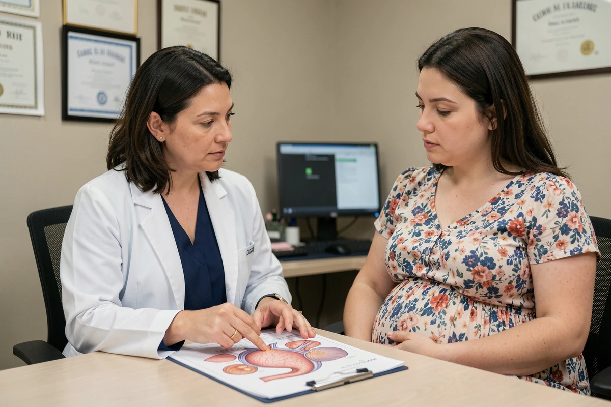 Médecin gynécologue expliquant à une patiente enceinte les douleurs du côté droit du ventre lors d'une consultation prénatale