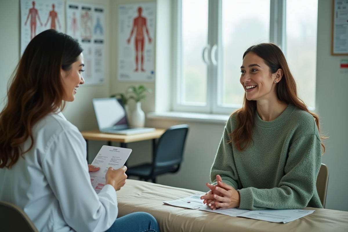 Femme consultant une sage-femme pour des solutions à la montée de lait prolongée sans allaitement dans un cabinet médical