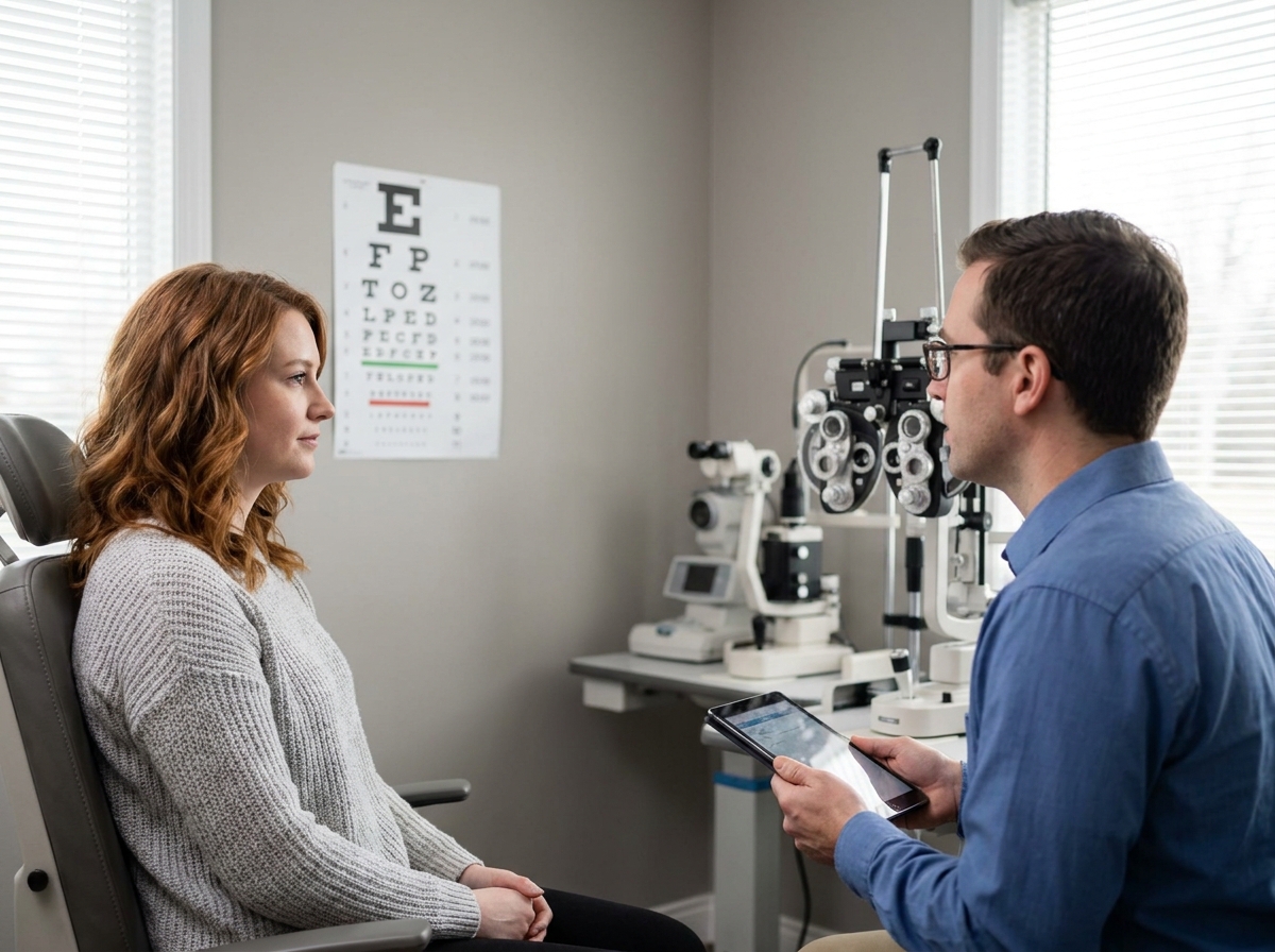 Consultation chez l'ophtalmologiste ou l'opticien pour choisir entre lunettes et lentilles de contact, examen de la vue en cabinet médical