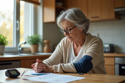 Femme d'&acirc;ge moyen contr&ocirc;lant sa tension art&eacute;rielle &agrave; la maison