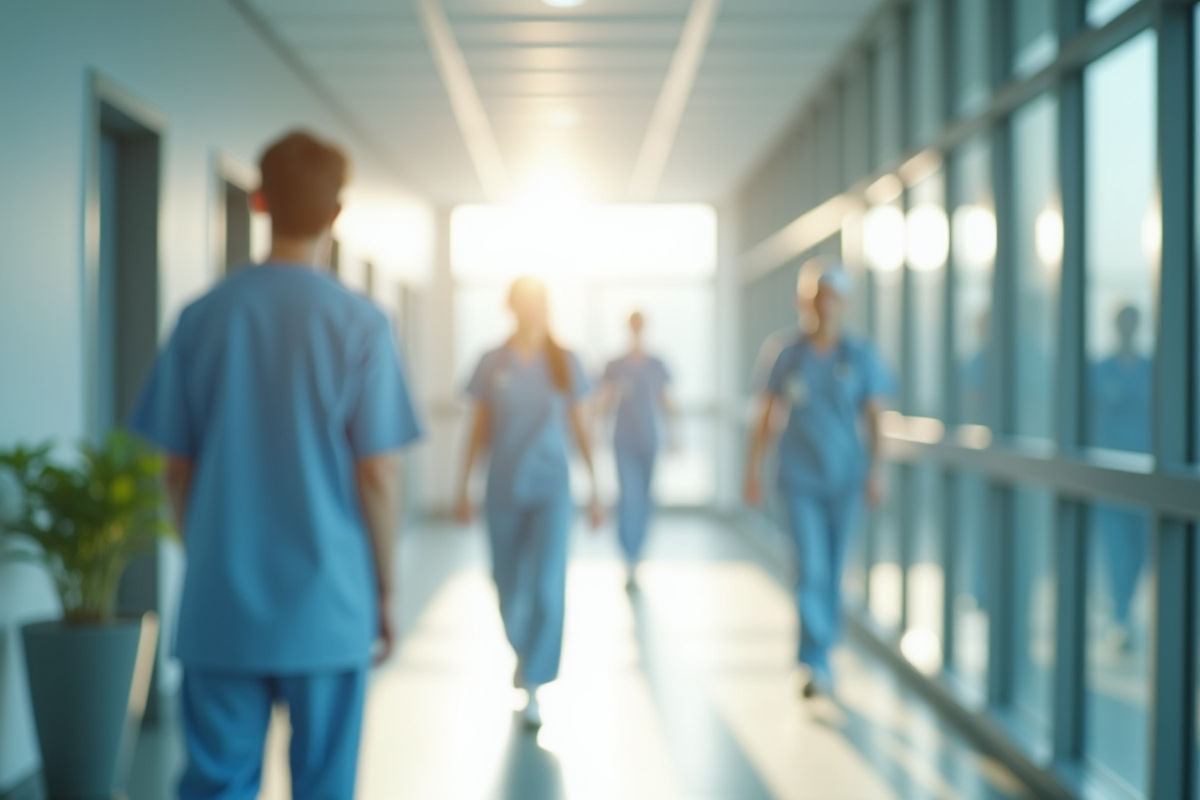 Couloir d'hôpital moderne avec personnel médical en action