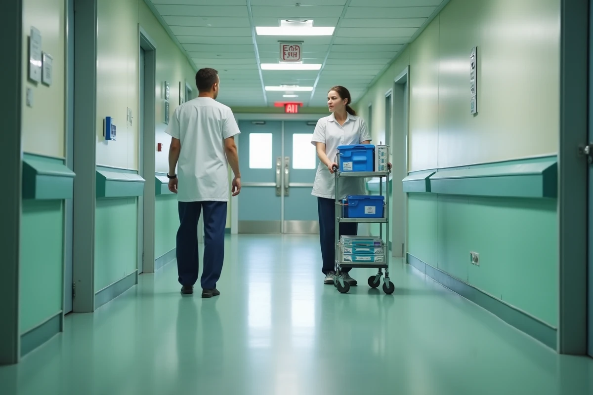 Couloir animé du service de neurochirurgie d'un hôpital universitaire français avec infirmières et matériel médical