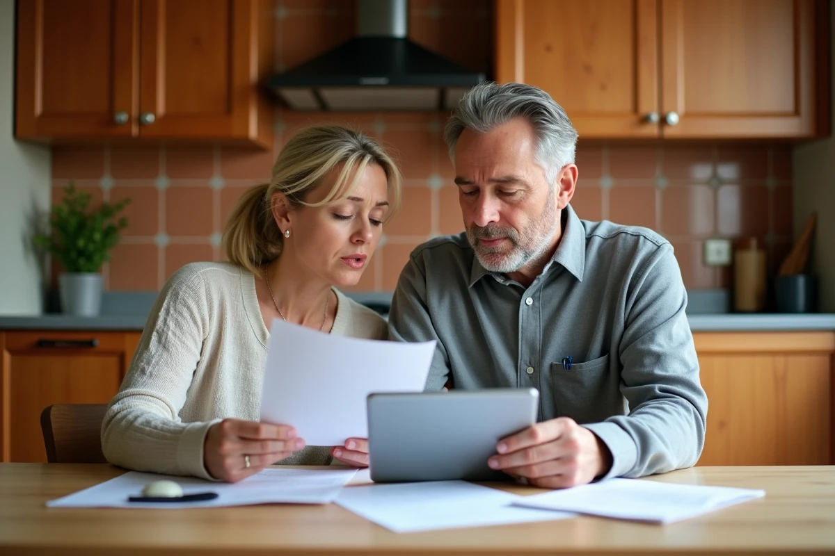 Couple à la maison consultant des documents et avis sur leur mutuelle Ociane Matmut