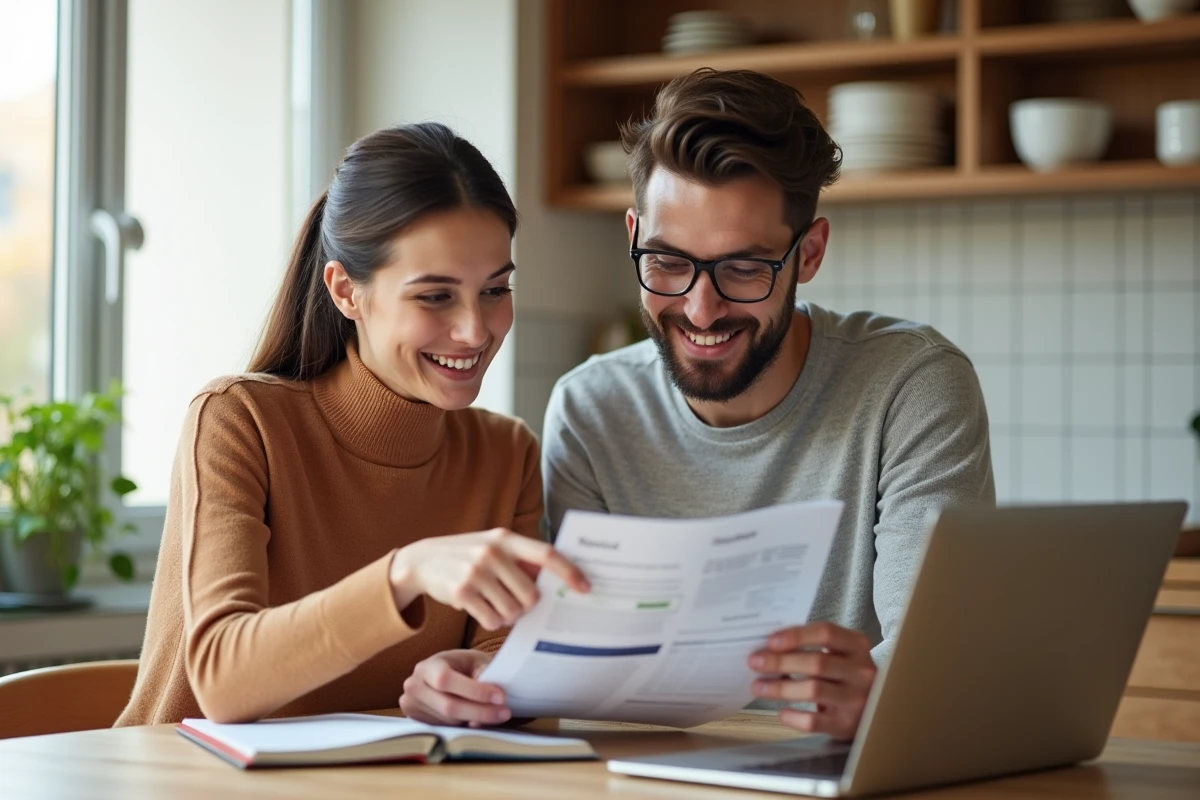 Jeune couple étudiant les avantages et garanties de la complémentaire santé Groupama autour d'une table avec documents et ordinateur portable