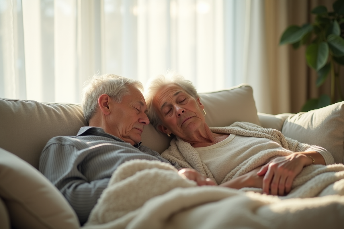Couple âgé faisant une sieste sur un canapé lumineux