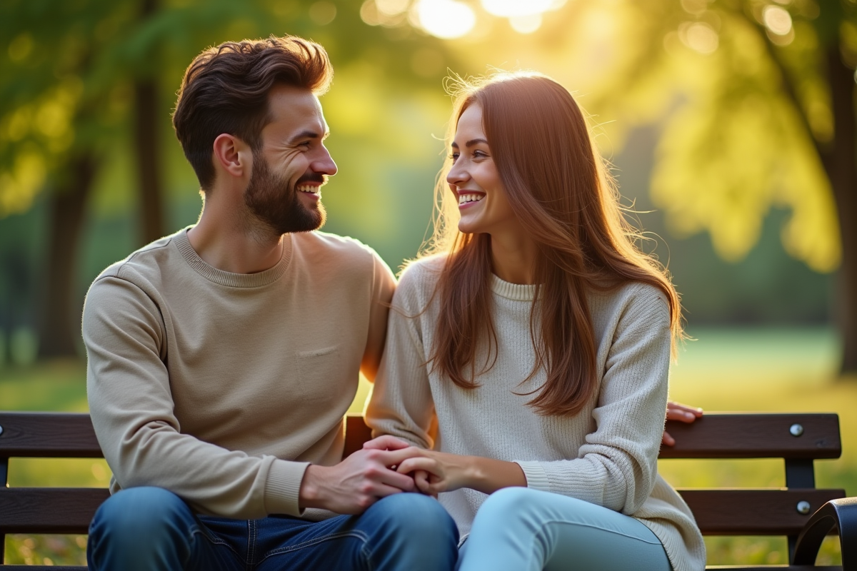 Jeune couple souriant assis sur un banc dans un parc ensoleille