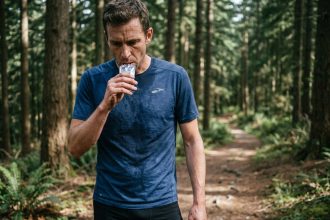 Coureur sur sentier forestier consommant une purée énergétique pendant une longue sortie de trail