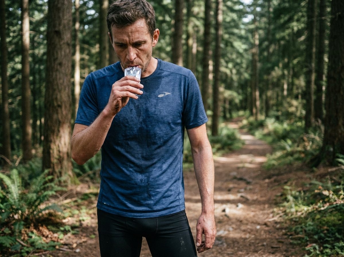 Coureur sur sentier forestier consommant une purée énergétique pendant une longue sortie de trail