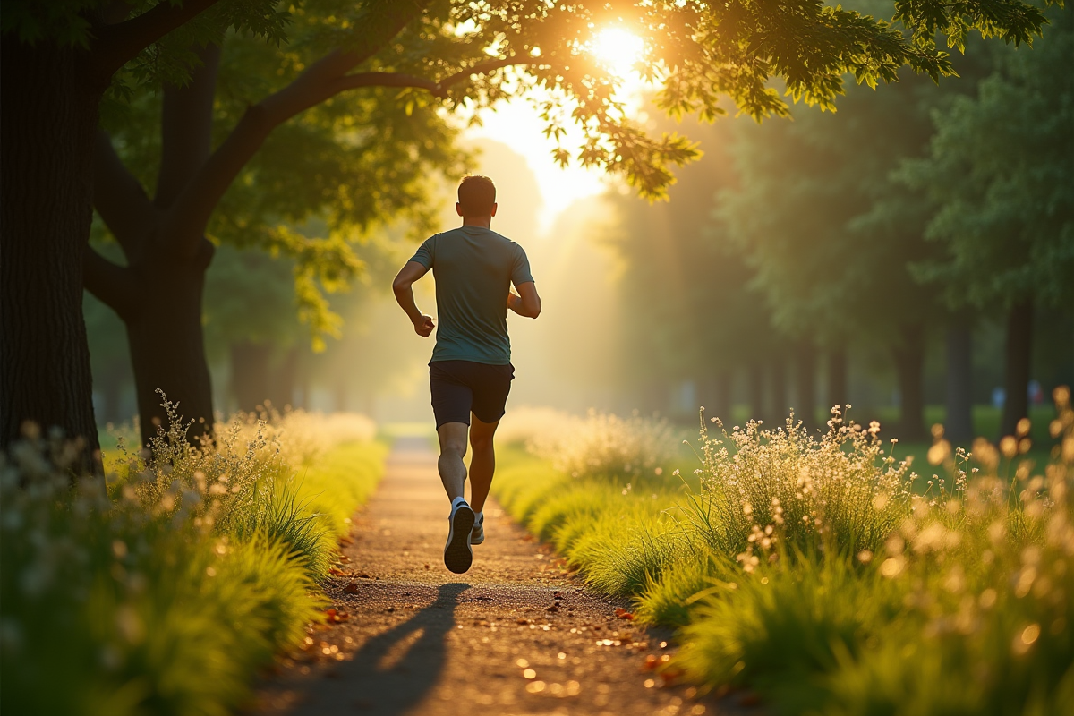 Jogging matinal dans un parc verdoyant au lever du soleil